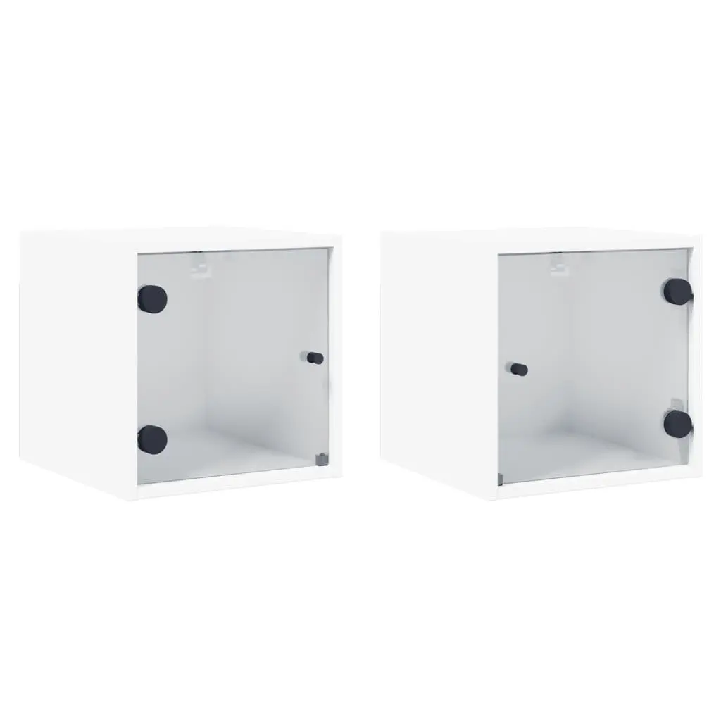 Bedside Cabinet Wall-Mounted Storage Organiser White 35x37x35cm Engineered Wood with Glass Doors 2 Piece