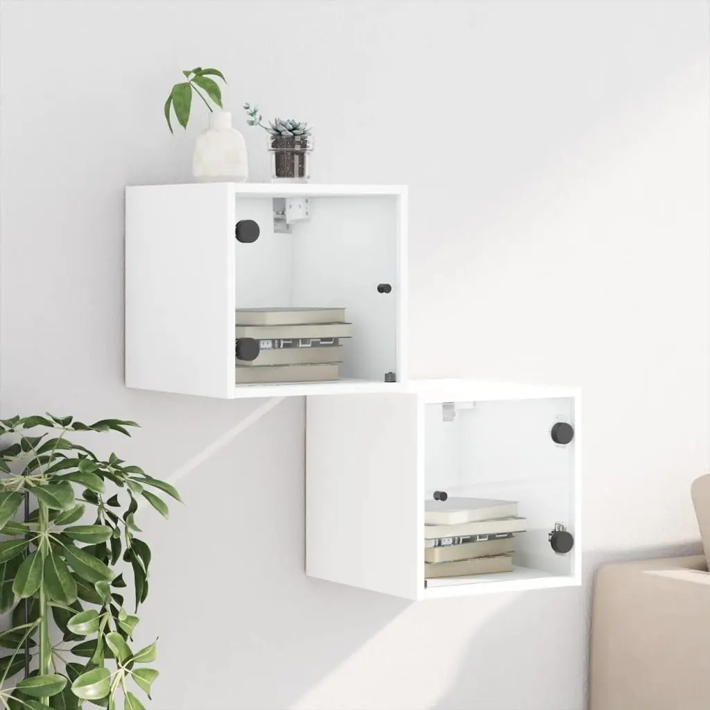 Bedside Cabinet Wall-Mounted Storage Organiser White 35x37x35cm Engineered Wood with Glass Doors 2 Piece