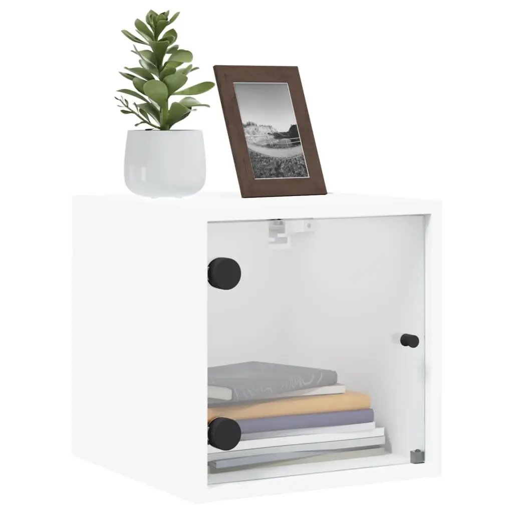 Bedside Cabinet Wall-Mounted Storage Organiser White 35x37x35cm Engineered Wood with Glass Doors 2 Piece