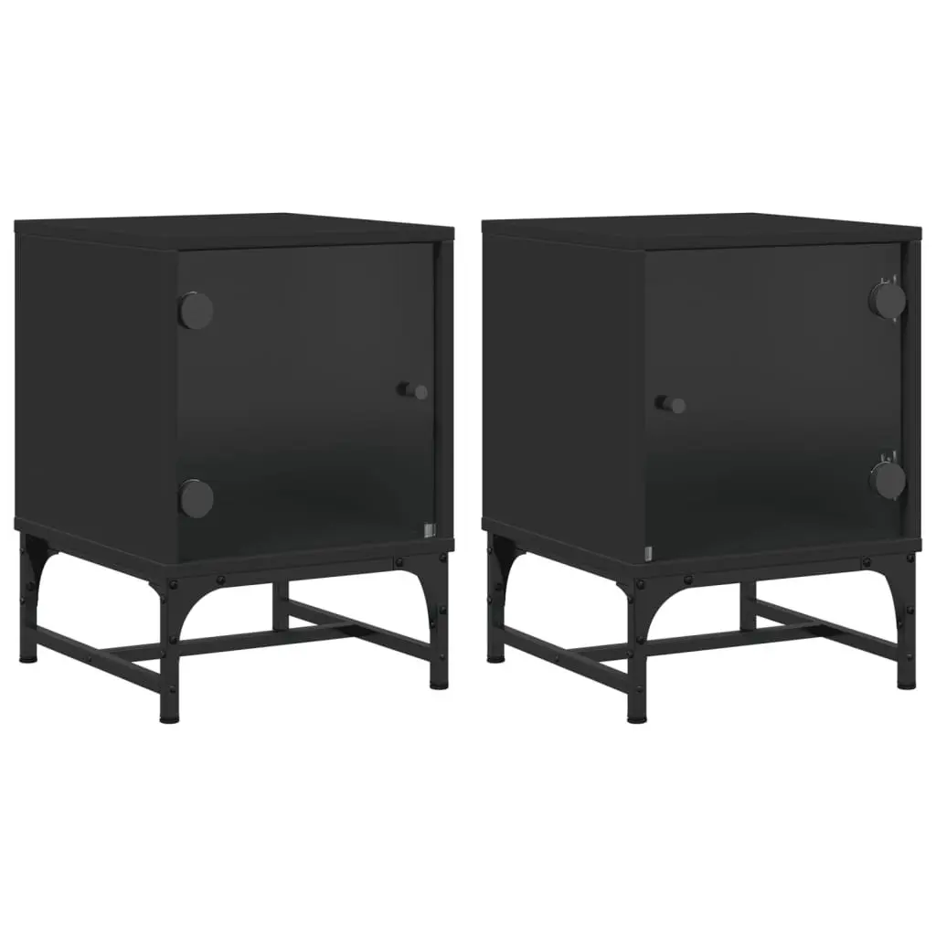 Bedside Cabinets Glass Doors 2 Piece Black Engineered Wood Storage Tables