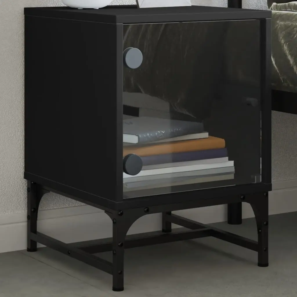 Bedside Cabinets Glass Doors 2 Piece Black Engineered Wood Storage Tables