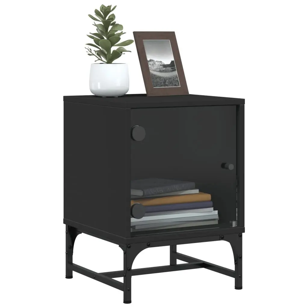 Bedside Cabinets Glass Doors 2 Piece Black Engineered Wood Storage Tables