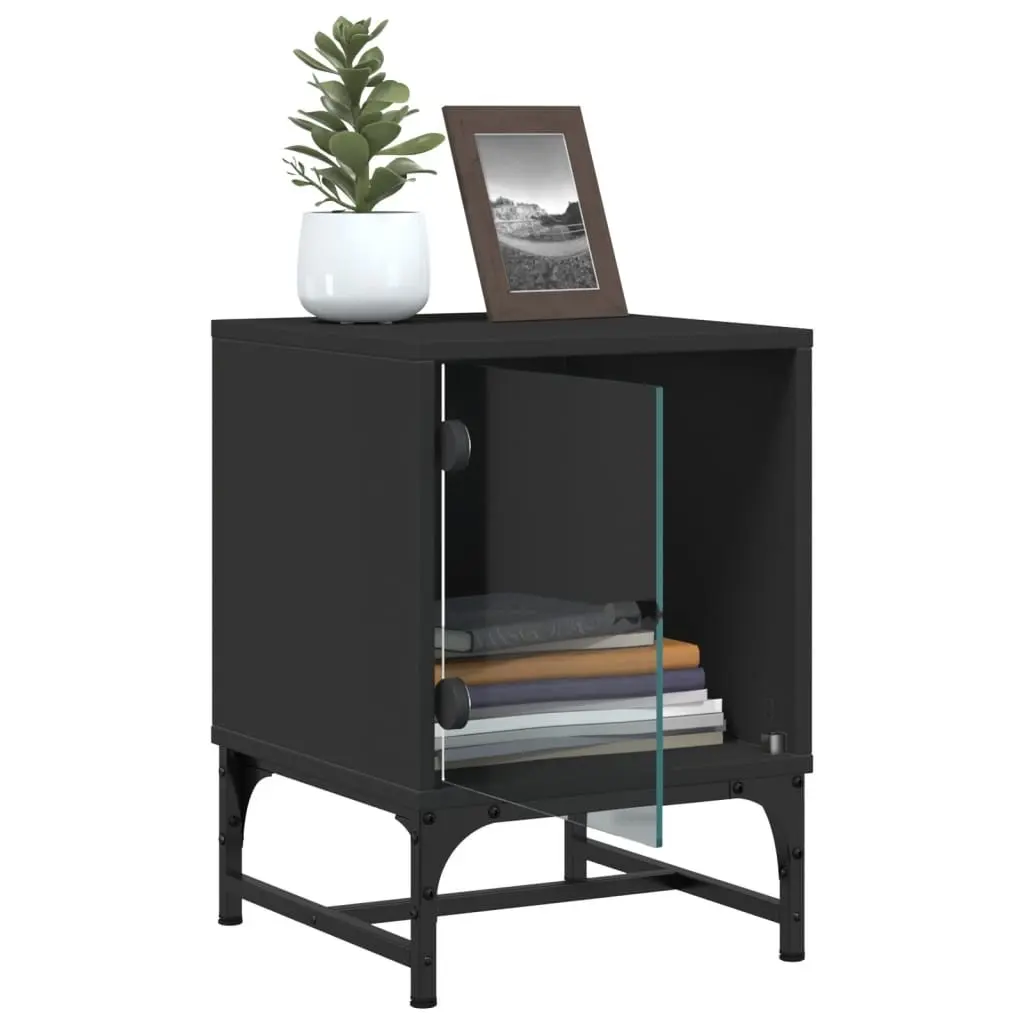 Bedside Cabinets Glass Doors 2 Piece Black Engineered Wood Storage Tables