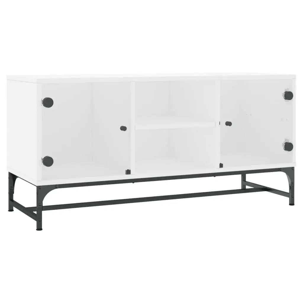 TV Cabinet White Engineered Wood Glass Doors Media Storage Unit 102 x 37 x 50 cm