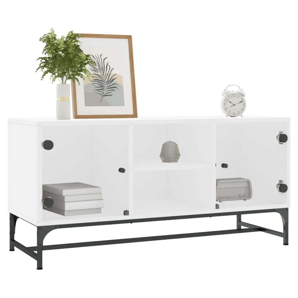 TV Cabinet White Engineered Wood Glass Doors Media Storage Unit 102 x 37 x 50 cm