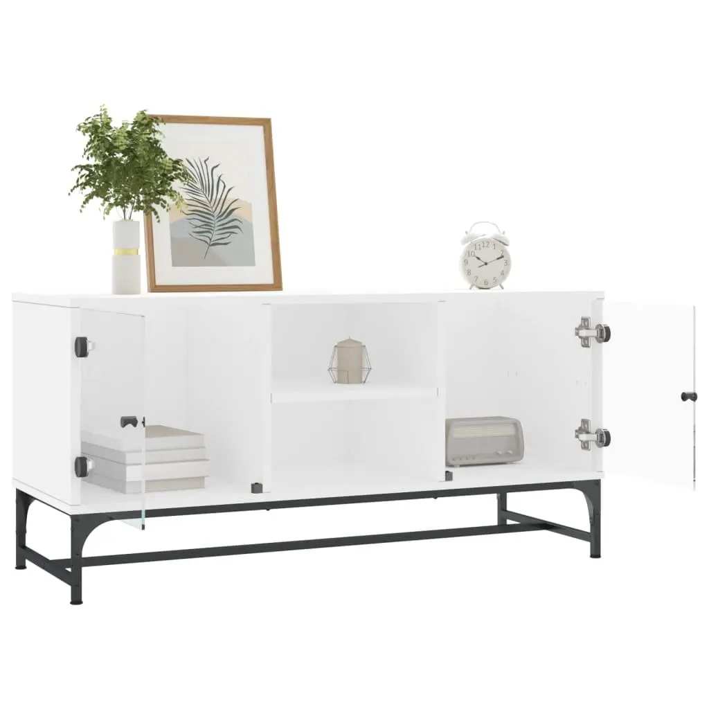 TV Cabinet White Engineered Wood Glass Doors Media Storage Unit 102 x 37 x 50 cm
