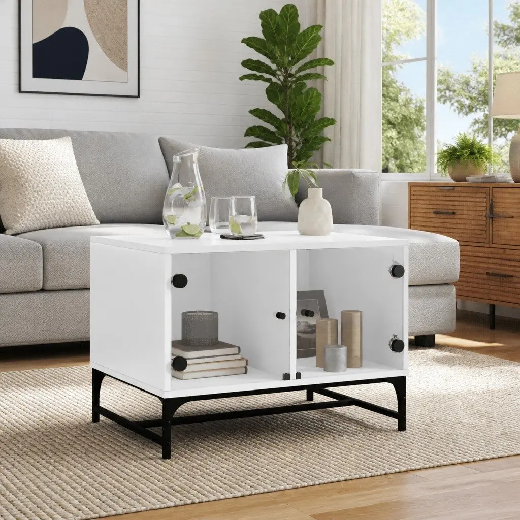 Coffee Table White Engineered Wood Glass Doors Storage Display Living Room