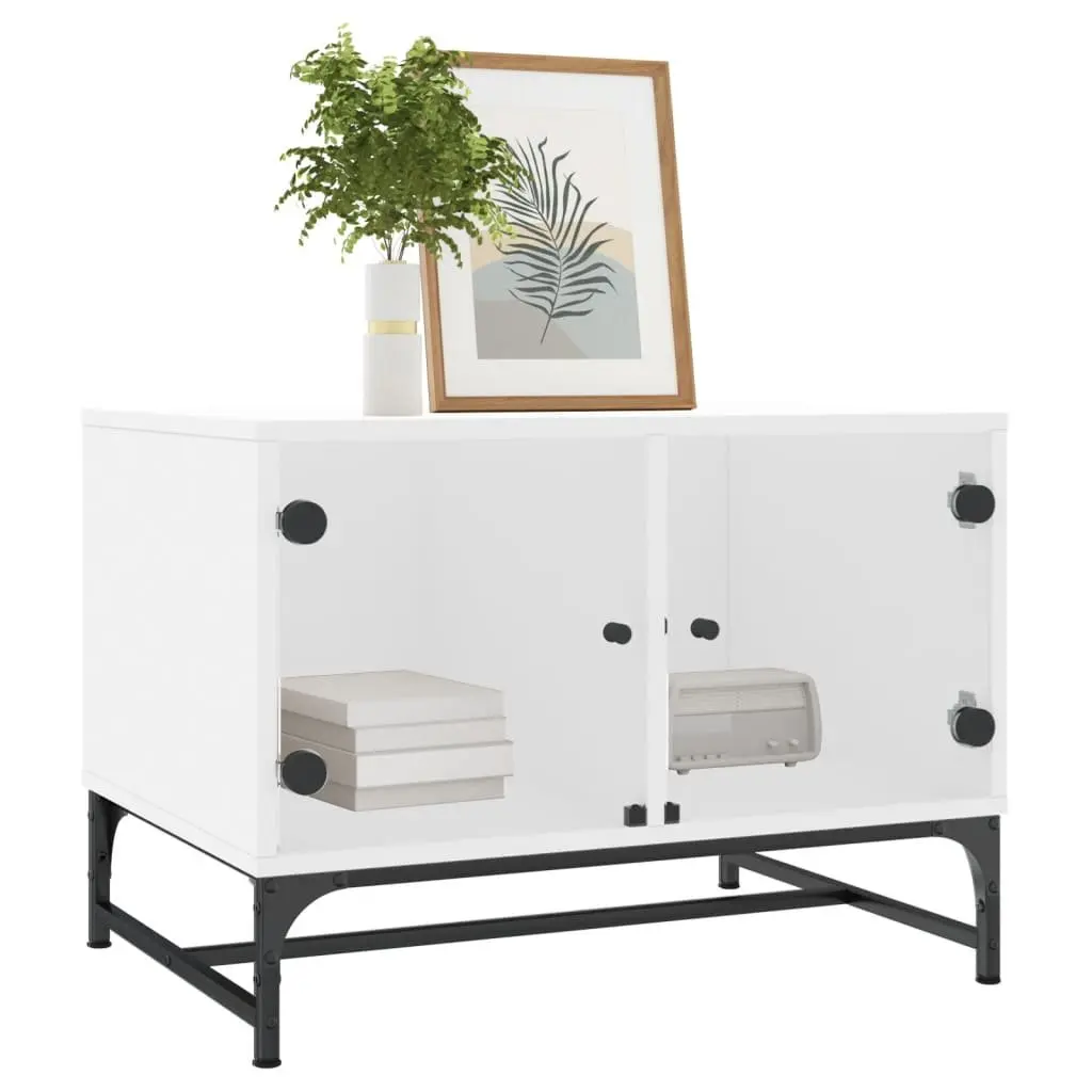 Coffee Table White Engineered Wood Glass Doors Storage Display Living Room