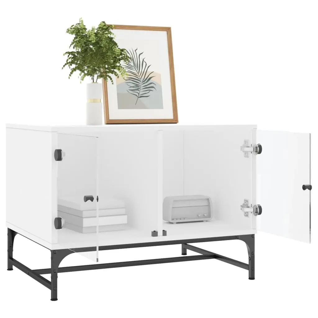 Coffee Table White Engineered Wood Glass Doors Storage Display Living Room