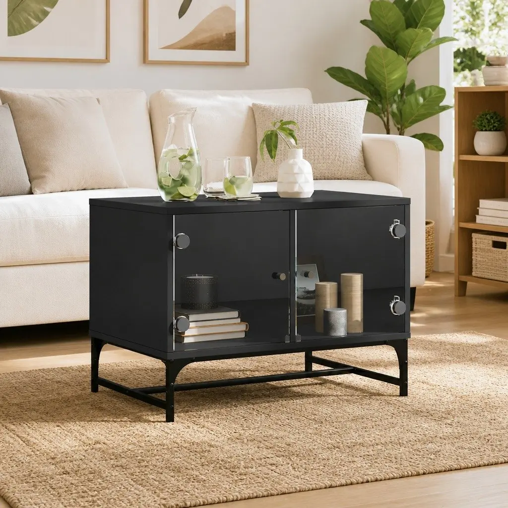 Coffee Table Black Engineered Wood 68.5 x 50 x 50 cm with Glass Doors Storage Display Living Room Furniture