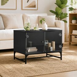 Stylish Black Coffee Table with Glass Door Storage