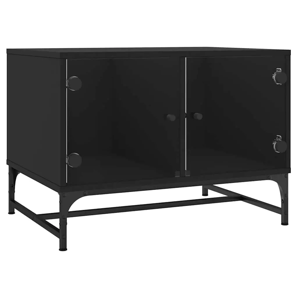 Coffee Table Black Engineered Wood 68.5 x 50 x 50 cm with Glass Doors Storage Display Living Room Furniture
