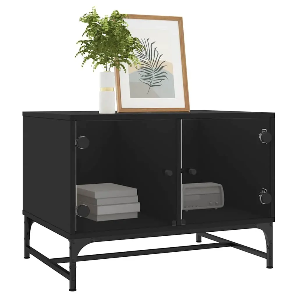 Coffee Table Black Engineered Wood 68.5 x 50 x 50 cm with Glass Doors Storage Display Living Room Furniture