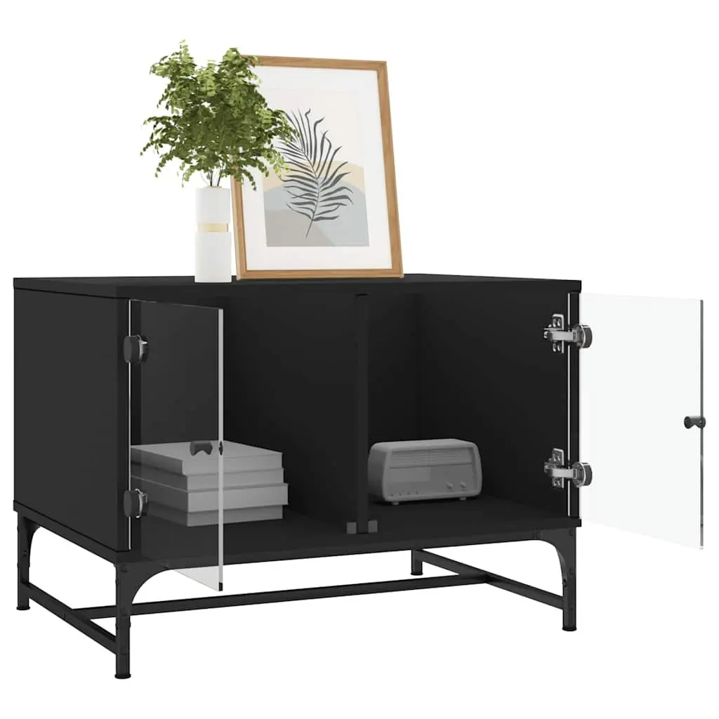 Coffee Table Black Engineered Wood 68.5 x 50 x 50 cm with Glass Doors Storage Display Living Room Furniture