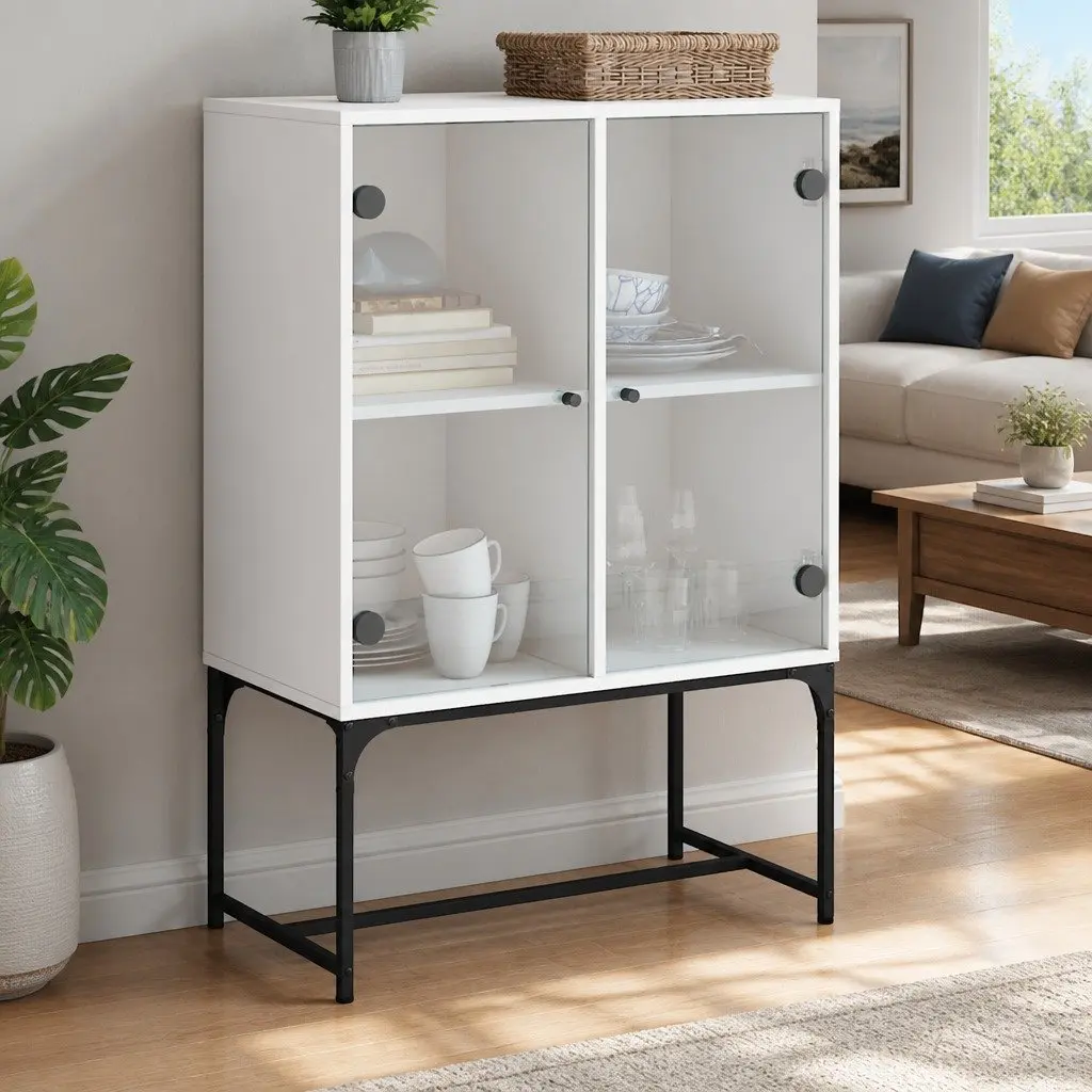 Side Cabinet with Glass Doors White Storage Furniture Buffet Sideboard Display