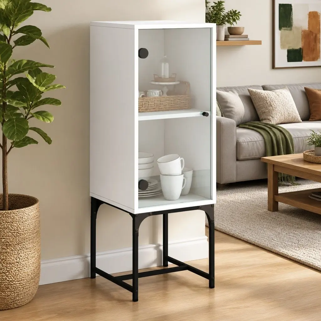 Side Cabinet White Storage Cupboard Glass Doors Engineered Wood 35W x 37D x 100H cm