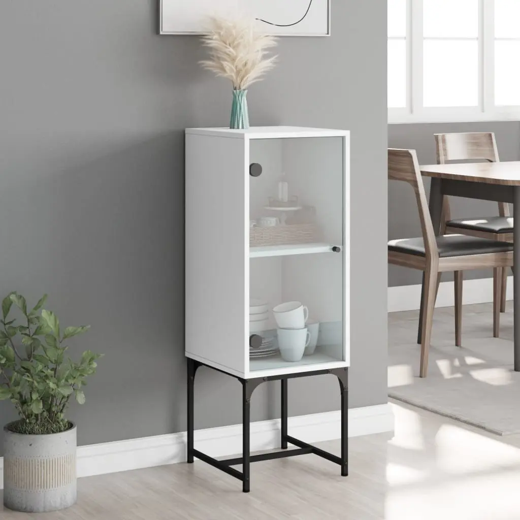 Side Cabinet White Storage Cupboard Glass Doors Engineered Wood 35W x 37D x 100H cm
