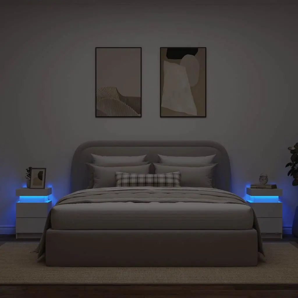 Bedside Table Modern White 35x39x55cm Engineered Wood with RGB LED Lights 2 Piece