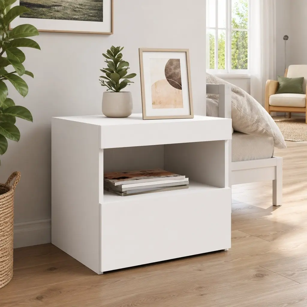 Bedside Cabinet White Modern 50W x 40D x 45H cm Engineered Wood with RGB LED Lights