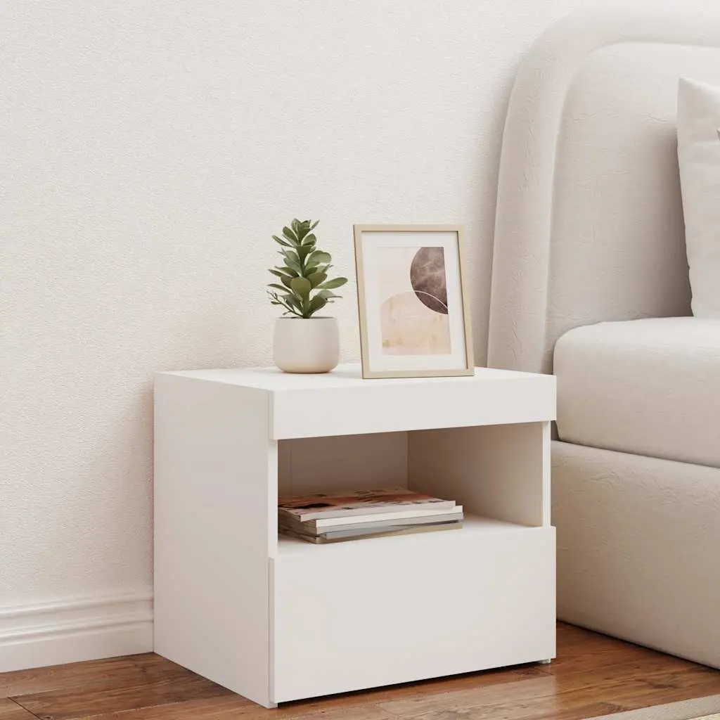 Bedside Cabinet White Modern 50W x 40D x 45H cm Engineered Wood with RGB LED Lights