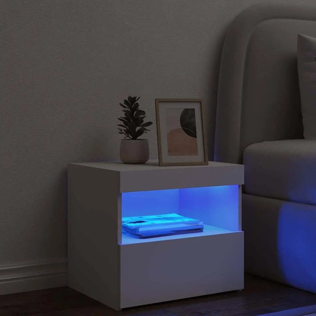 Bedside Cabinet White Modern 50W x 40D x 45H cm Engineered Wood with RGB LED Lights
