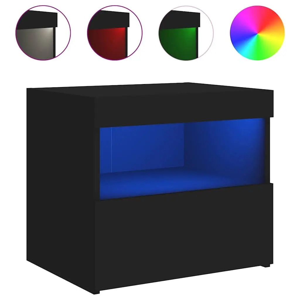 Bedside Cabinet Black Modern 50W x 40D x 45H cm Engineered Wood with RGB LED Lights