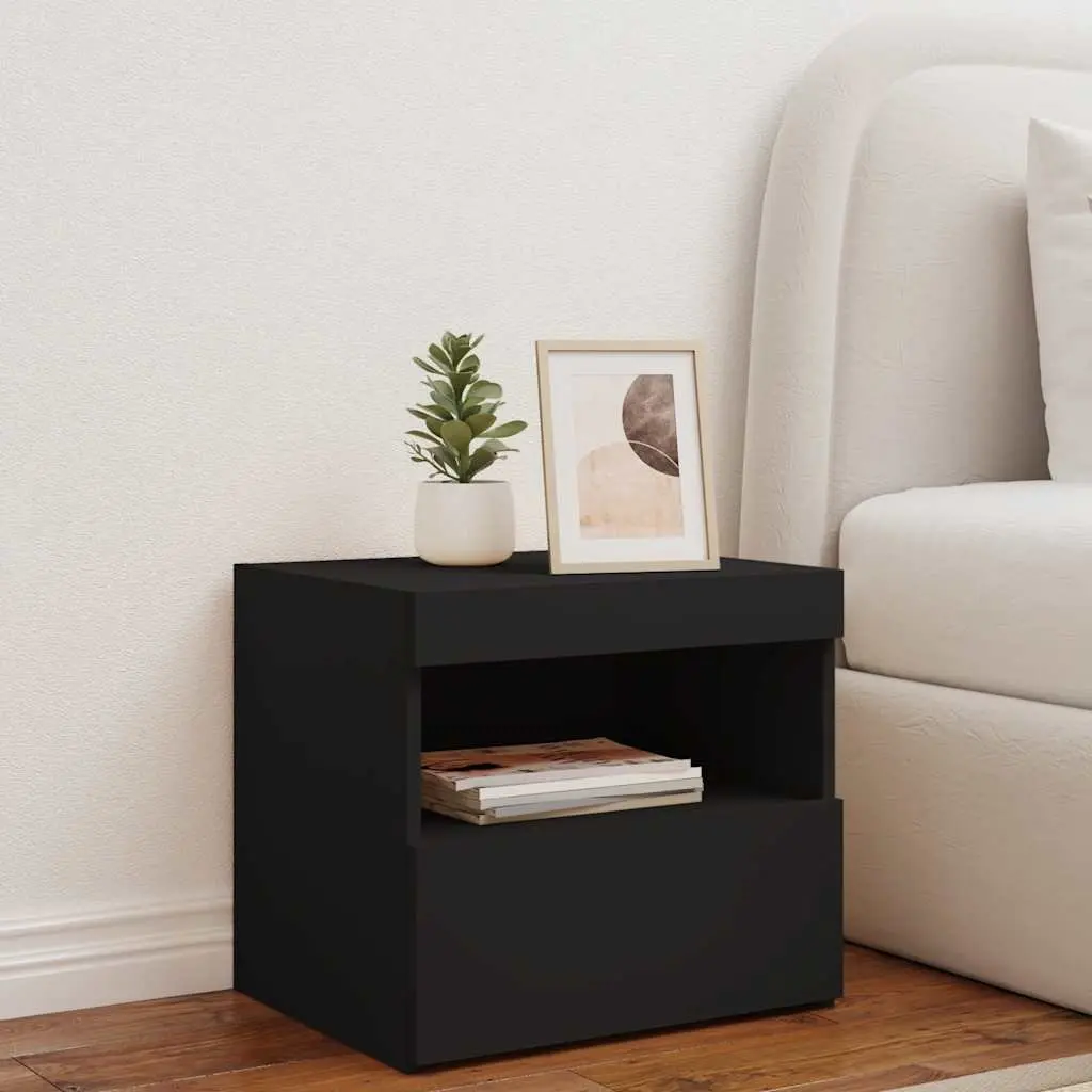 Bedside Cabinet Black Modern 50W x 40D x 45H cm Engineered Wood with RGB LED Lights