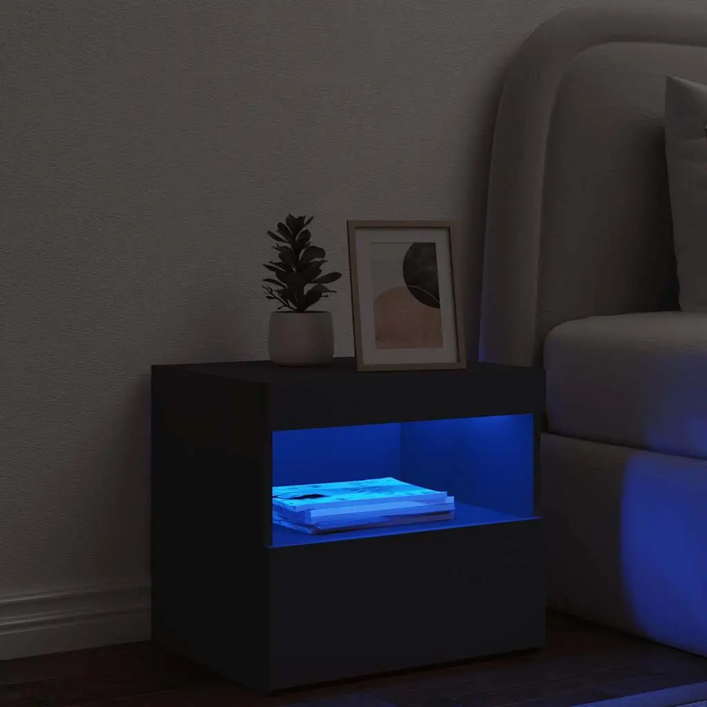 Bedside Cabinet Black Modern 50W x 40D x 45H cm Engineered Wood with RGB LED Lights