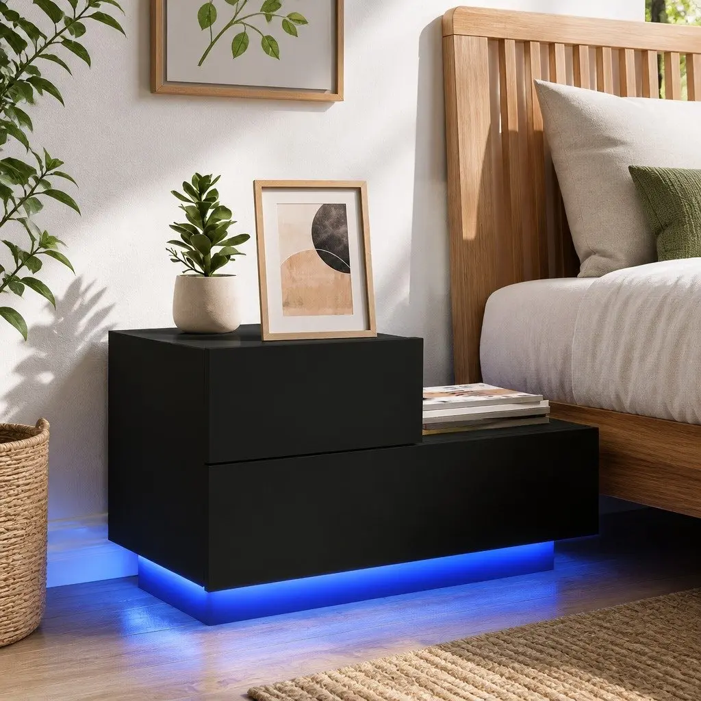 Black Bedside Cabinet with RGB LED Lighting 70x36x40.5cm
