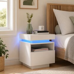 White Bedside Cabinet with RGB LED Lights and Storage
