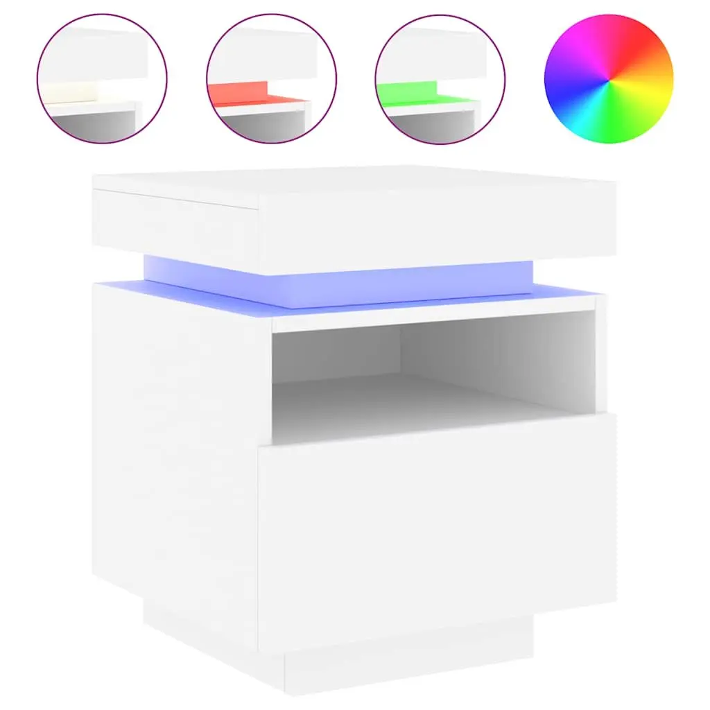 Bedside Cabinet RGB LED Lights White Engineered Wood Storage Nightstand Table Organiser