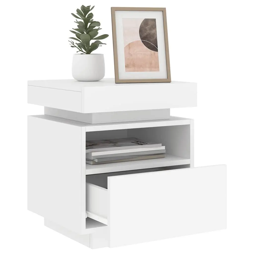 Bedside Cabinet RGB LED Lights White Engineered Wood Storage Nightstand Table Organiser
