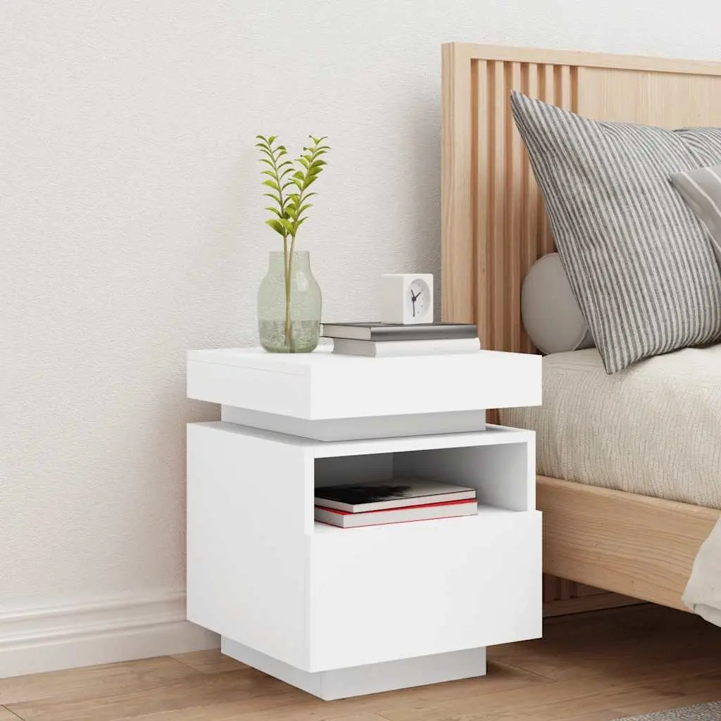 Bedside Cabinet RGB LED Lights White Engineered Wood Storage Nightstand Table Organiser
