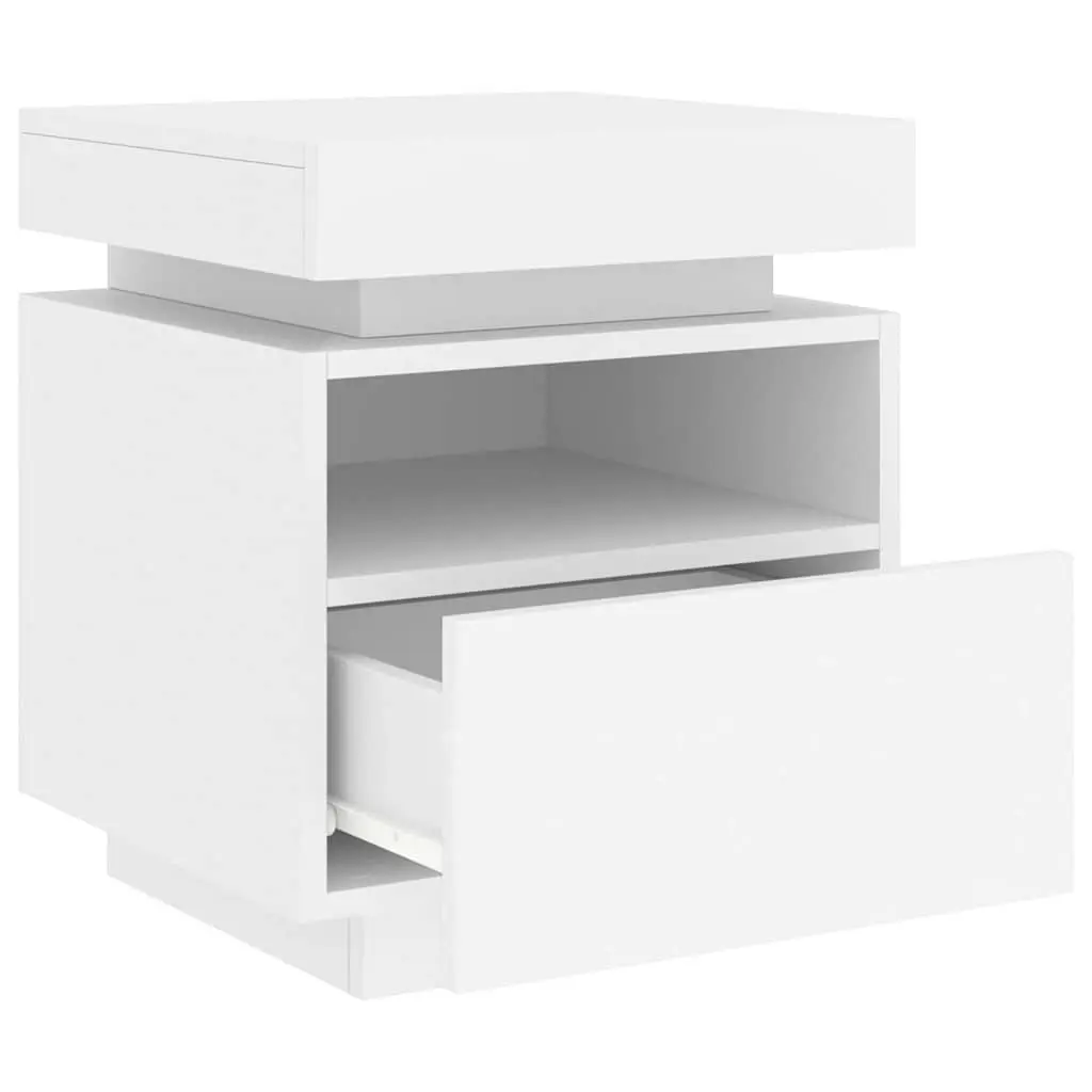 Bedside Cabinet RGB LED Lights White Engineered Wood Storage Nightstand Table Organiser