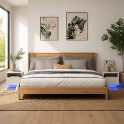 White Bedside Tables with RGB LED Lights, Set of 2