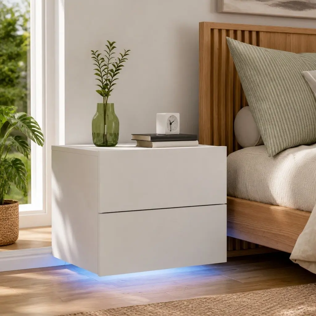 Wall-mounted Bedside Cabinet White Engineered Wood with RGB LED Lights