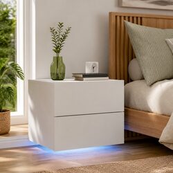 Floating Bedside Cabinet with RGB LED Lights in White