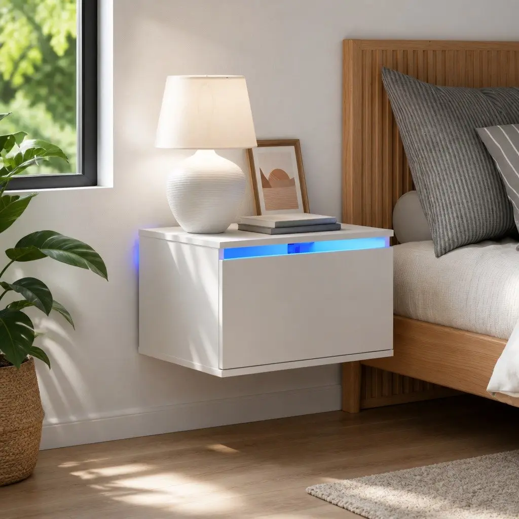 Wall-mounted Bedside Cabinet White RGB LED Lights Storage Engineered Wood