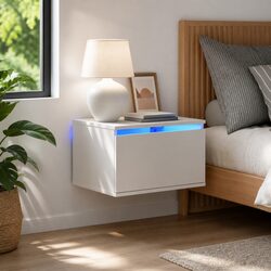 White Wall-Mounted Bedside Cabinet with RGB LED Lights
