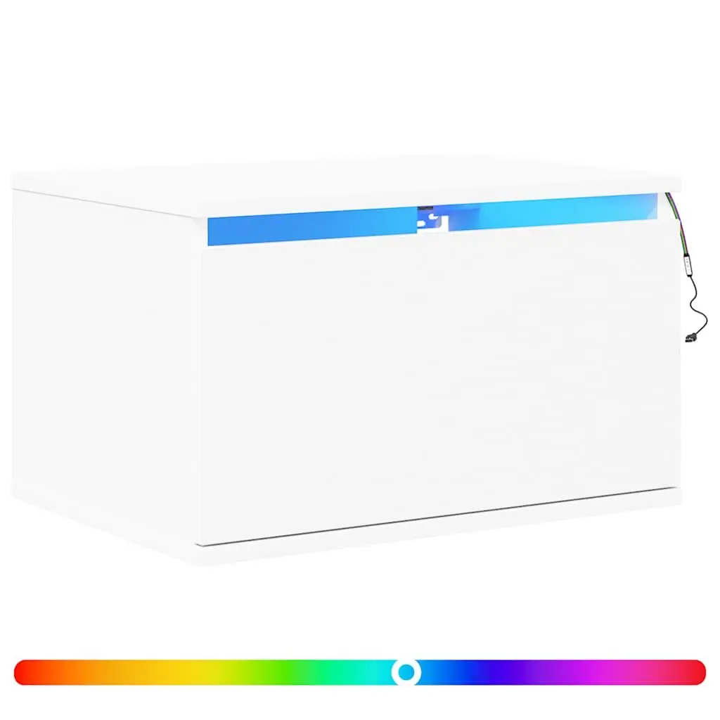 Wall-mounted Bedside Cabinet White RGB LED Lights Storage Engineered Wood