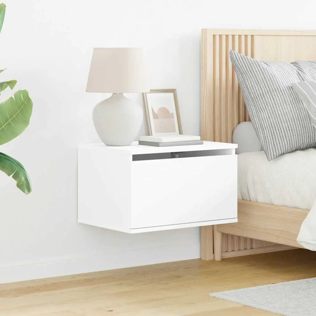 Wall-mounted Bedside Cabinet White RGB LED Lights Storage Engineered Wood