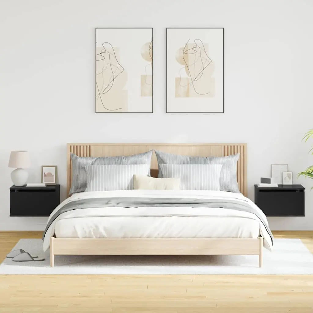 Wall-mounted Bedside Cabinets Black Floating Storage 2 pcs Engineered Wood with RGB LED Lights