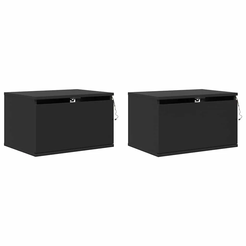Wall-mounted Bedside Cabinets Black Floating Storage 2 pcs Engineered Wood with RGB LED Lights