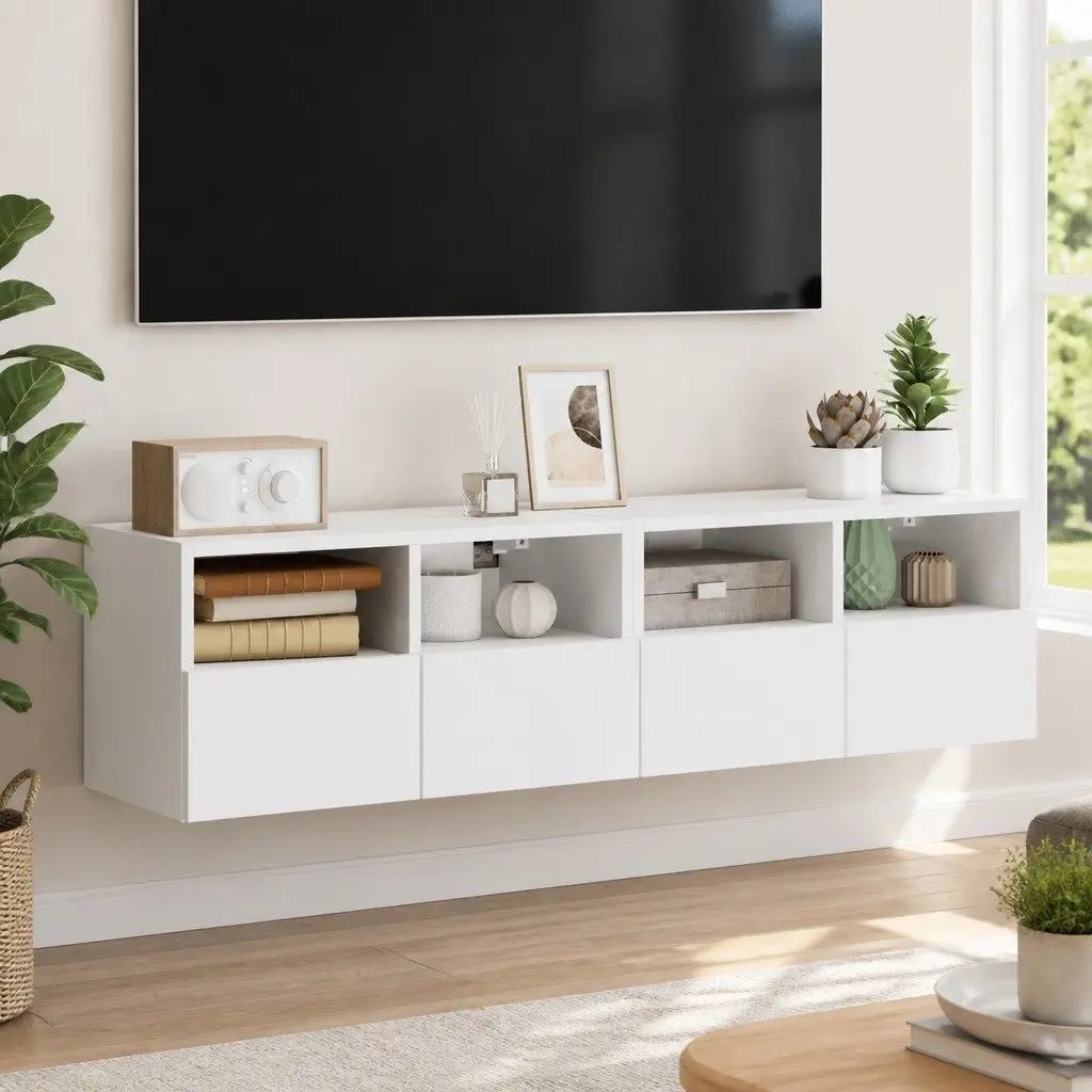 TV Wall Cabinet White Floating Storage Unit 60x30x30cm Engineered Wood with Shelves and Door