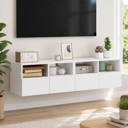 Floating White TV Wall Cabinet with Shelves and Door