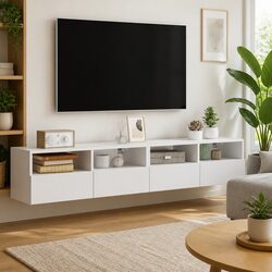 White Floating Storage Unit Shelves - 2pcs TV Wall Cabinets