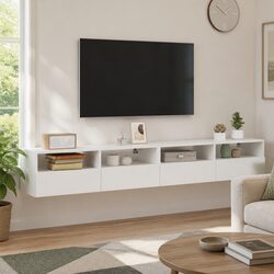 Floating White TV Wall Cabinets 2pcs Media Storage