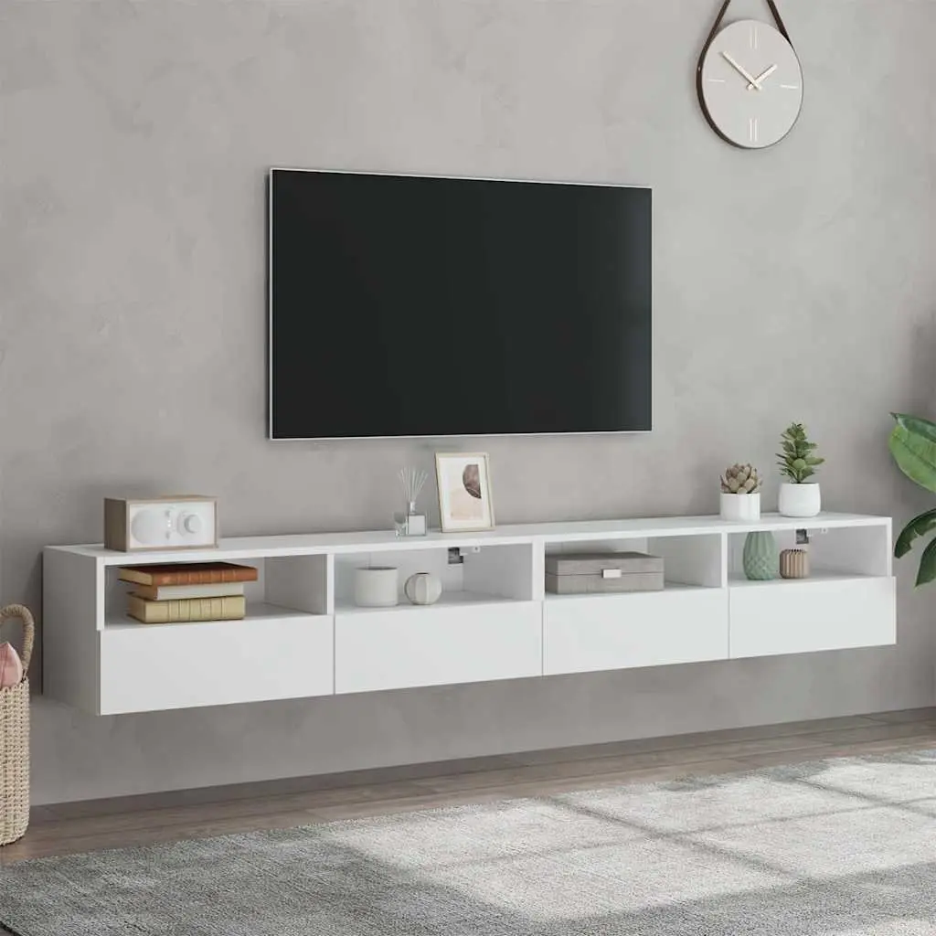 Floating White TV Wall Cabinets 2pcs Media Storage
