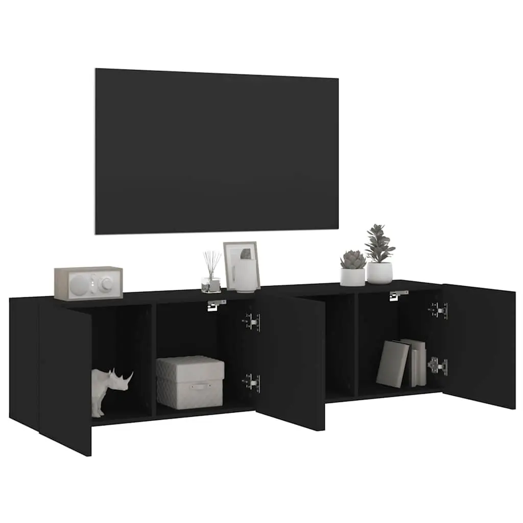 Wall-Mounted TV Cabinet 2 Pieces Black Storage Organiser Media Shelving Unit
