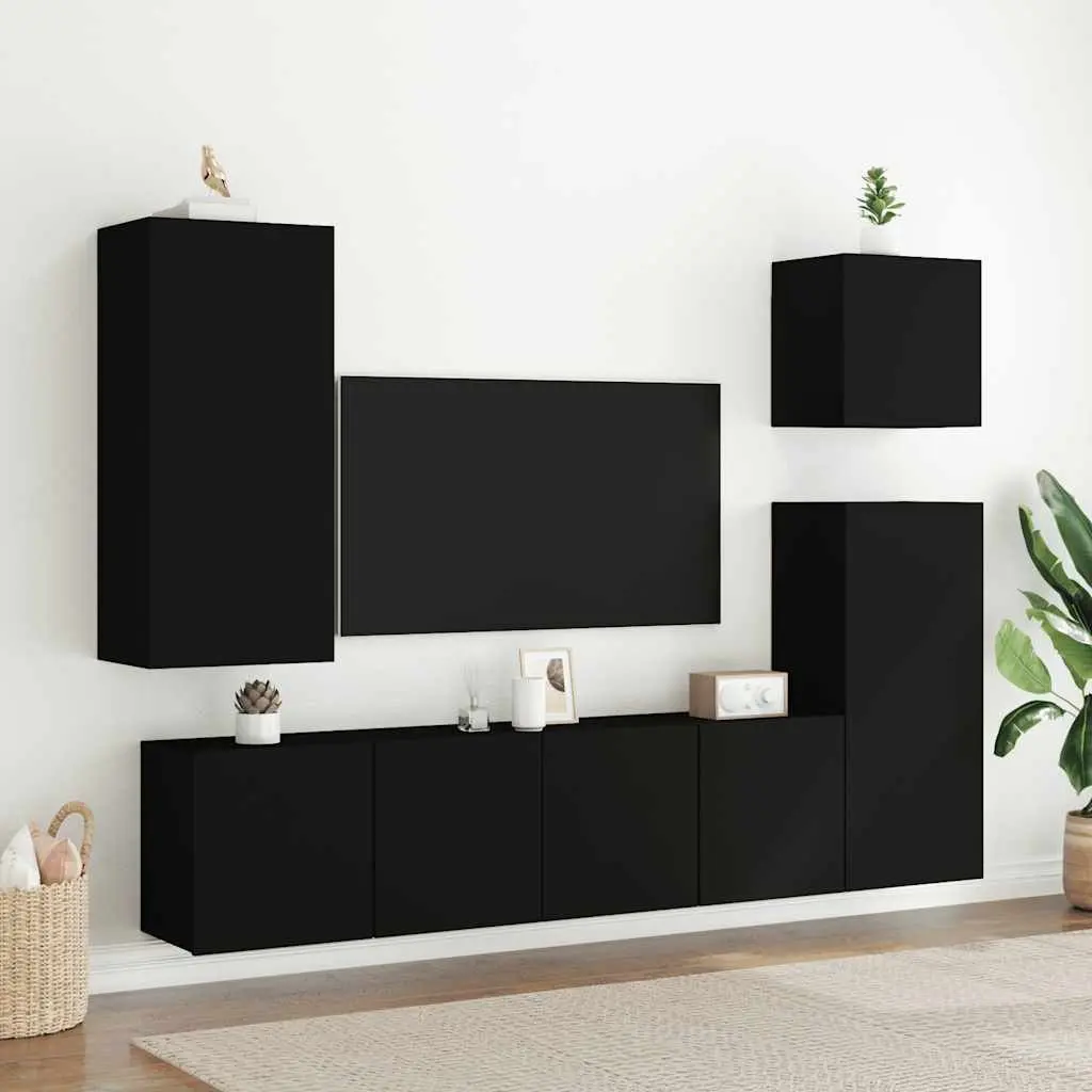 Wall-Mounted TV Cabinet 2 Pieces Black Storage Organiser Media Shelving Unit